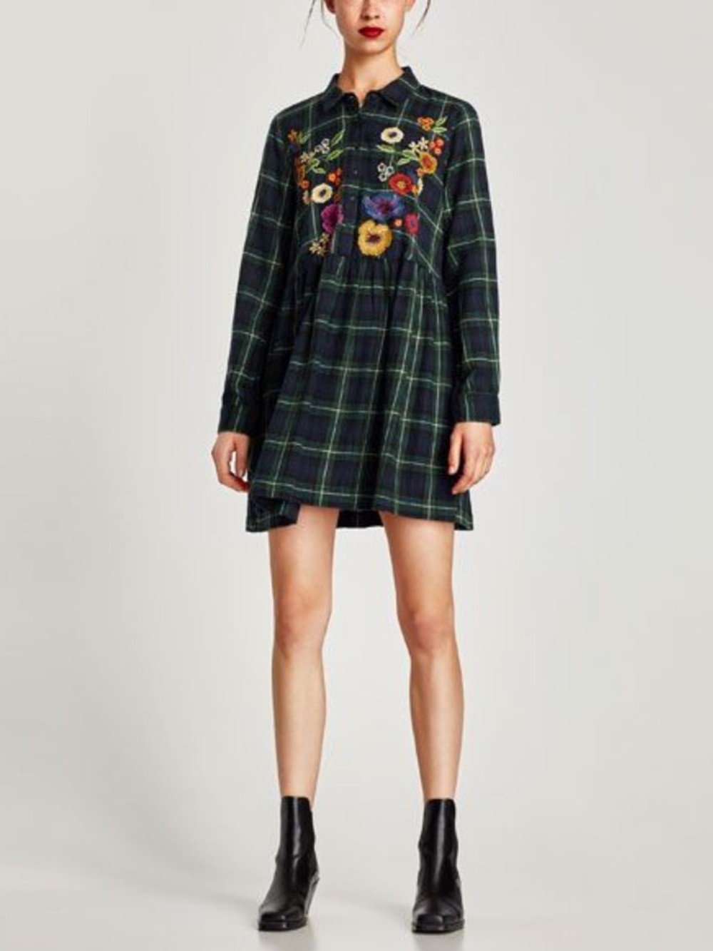 Zara Dark Green Plaid Mini Dress with Floral Embroidery
